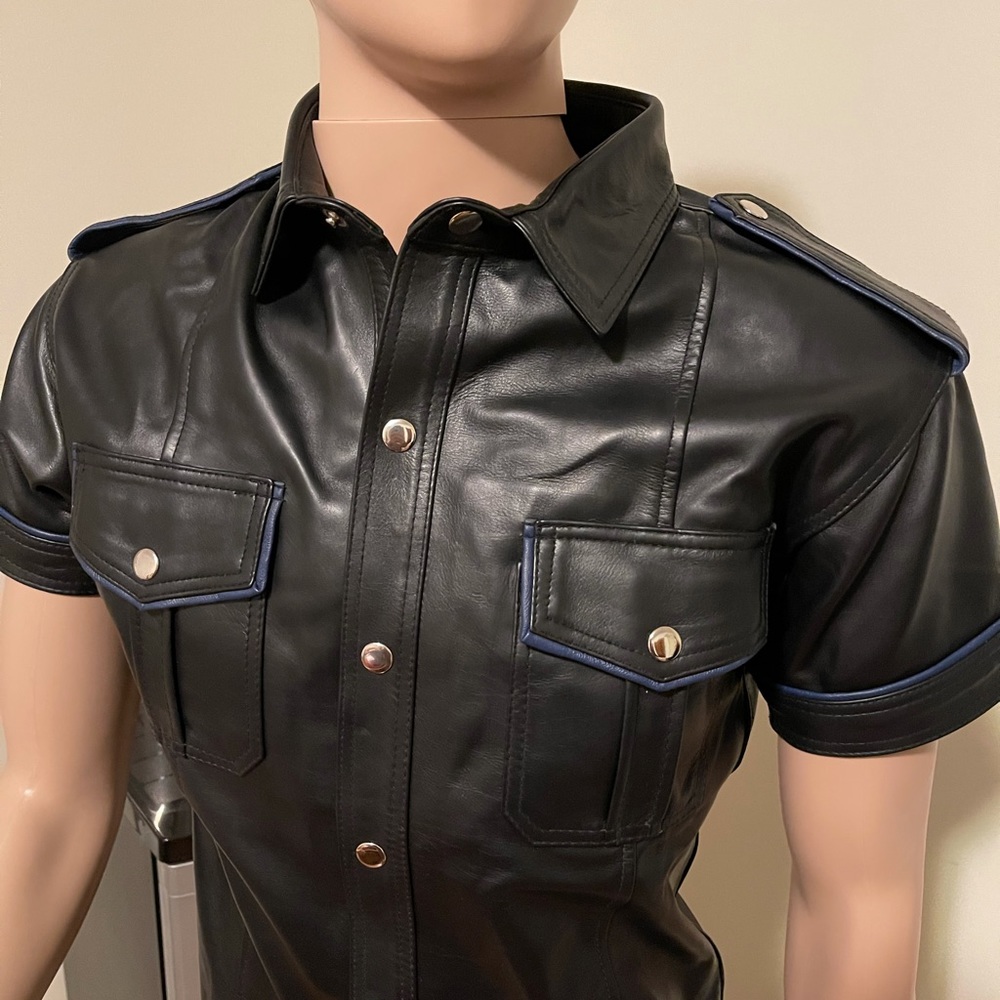 Leather uniform shirt with blue piping men’s S-M